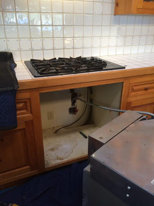 removed old cooktop and oven to cut tile and remove cabinetry for a new wolf freestanding 